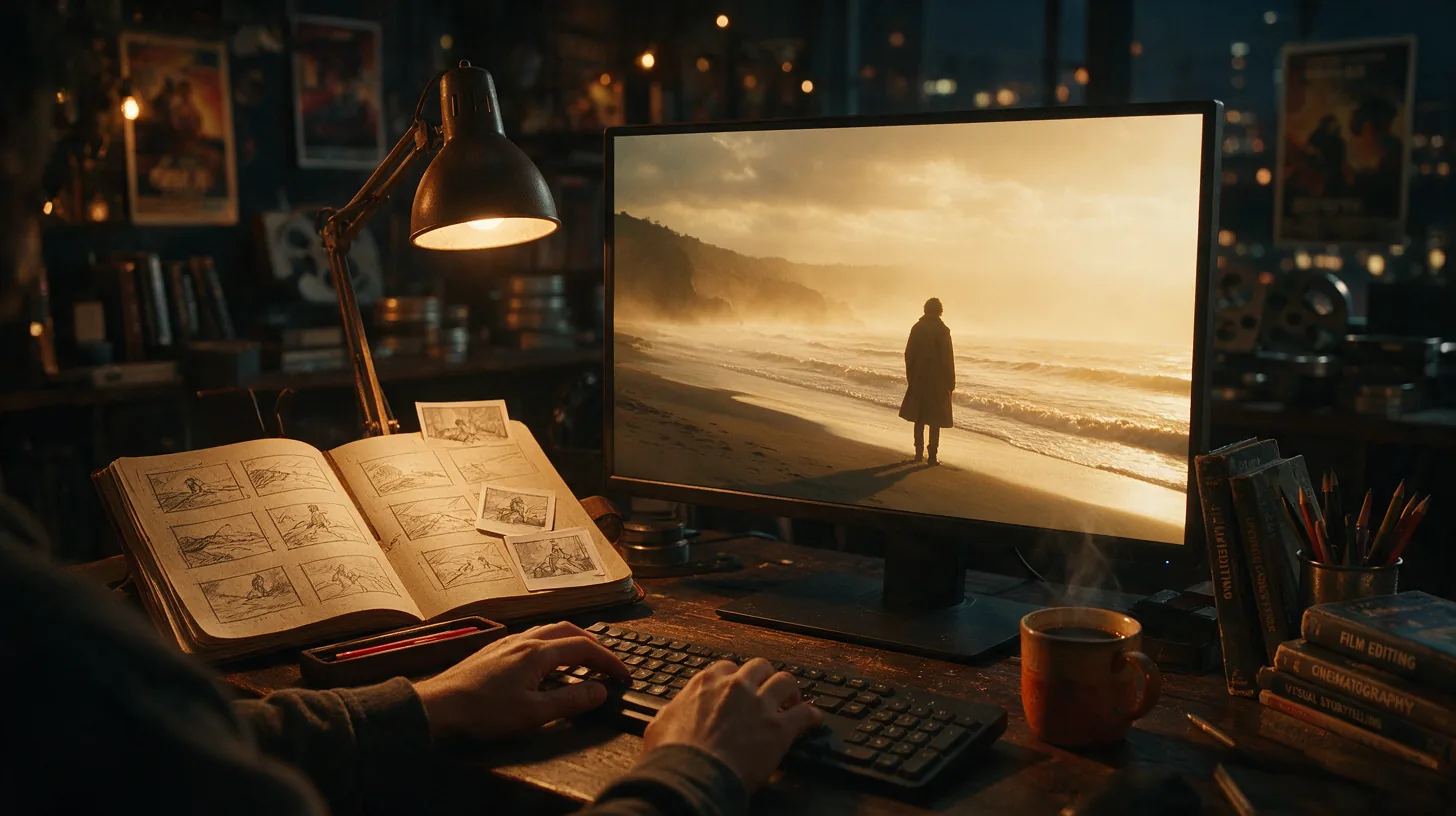 A filmmaker's desk with storyboards and a glowing monitor