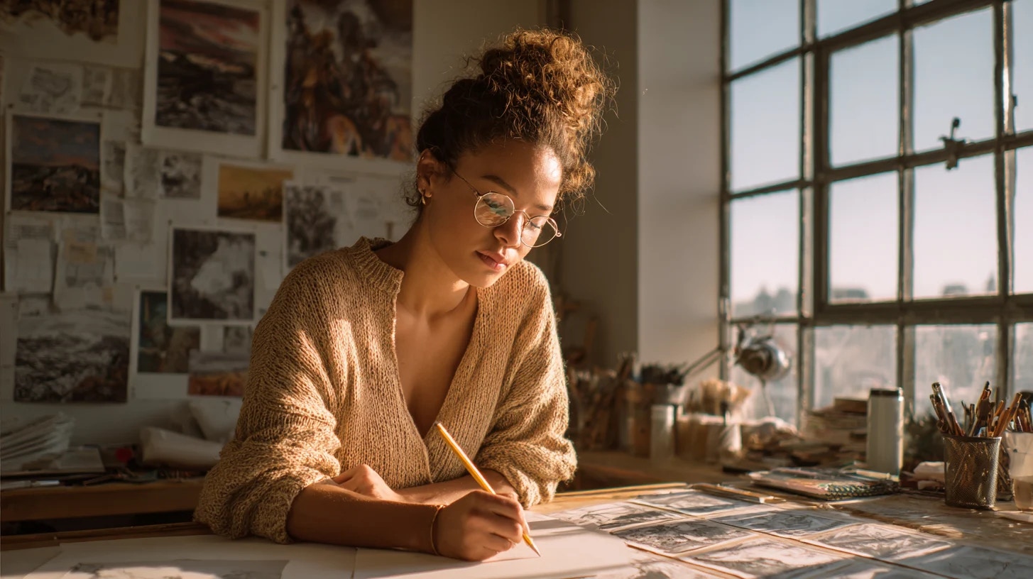 A young woman drawing cinematic storyboards