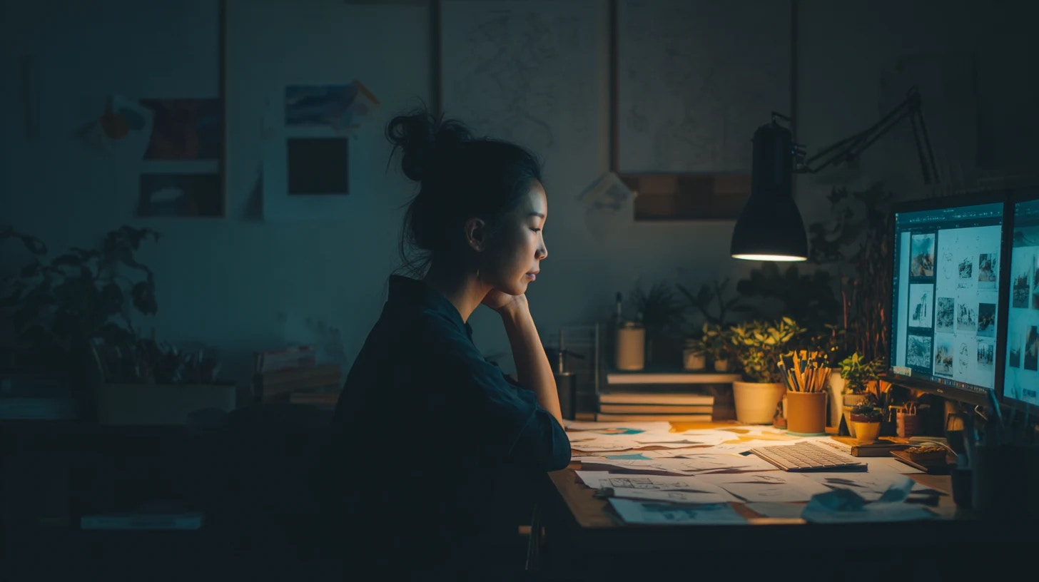 A young filmmaker sits at a computer creating a film