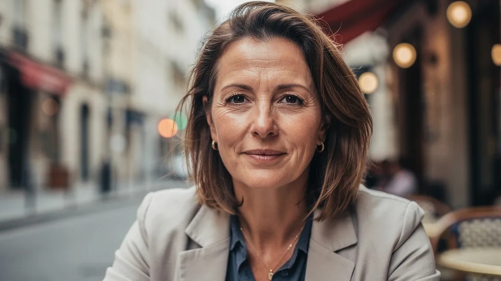 A middle aged woman sitting at a cafe