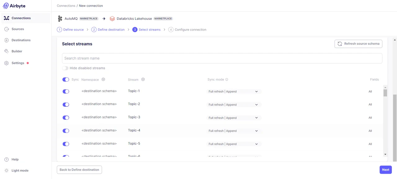 Configure sync frequency and target data formats: