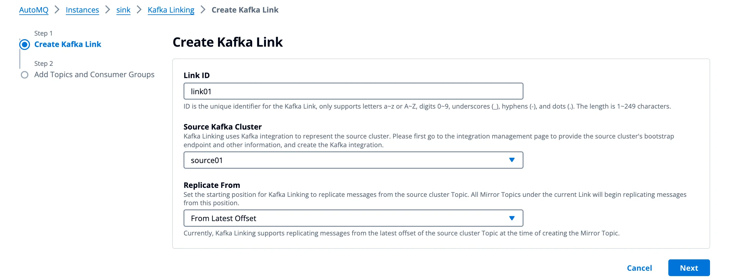 Kafka Link creation form showing source cluster, target cluster, and sync configuration fields