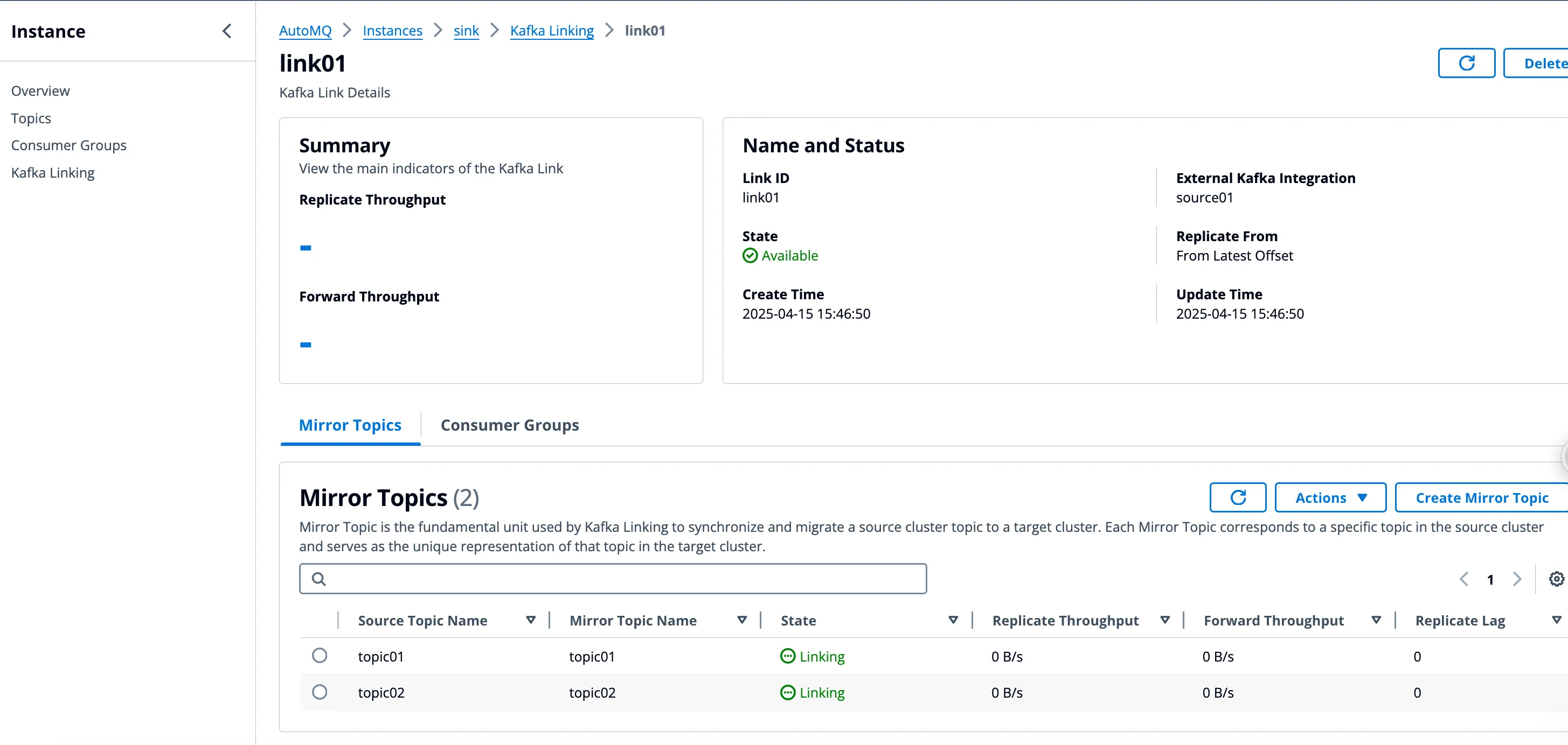 Kafka Link details page showing Topic and Consumer Group synchronization status
