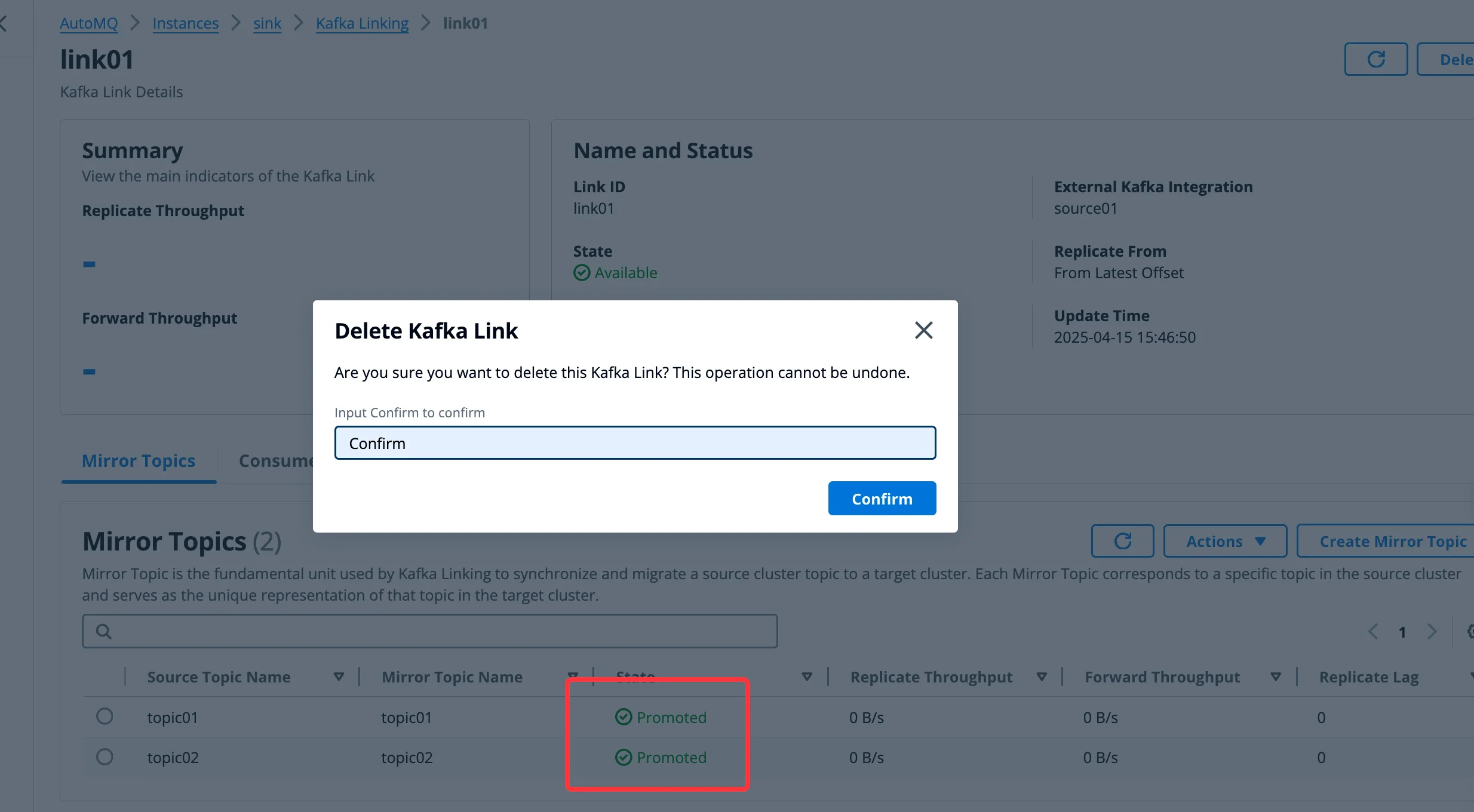 AutoMQ console showing the Kafka Link deletion step after migration is complete