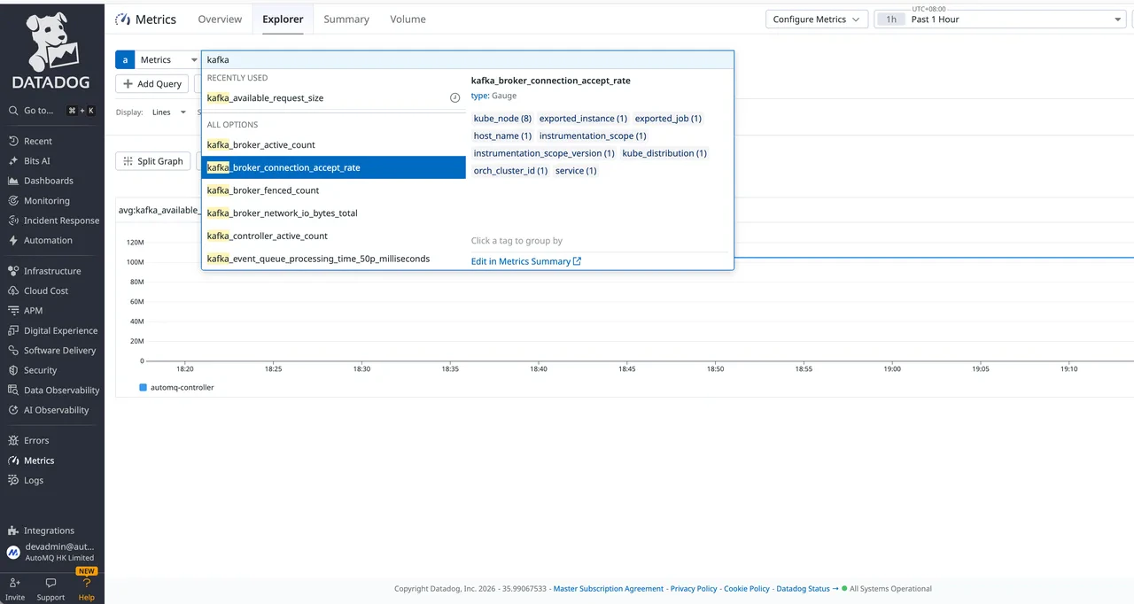 AutoMQ metrics detail view in Datadog Metrics Explorer