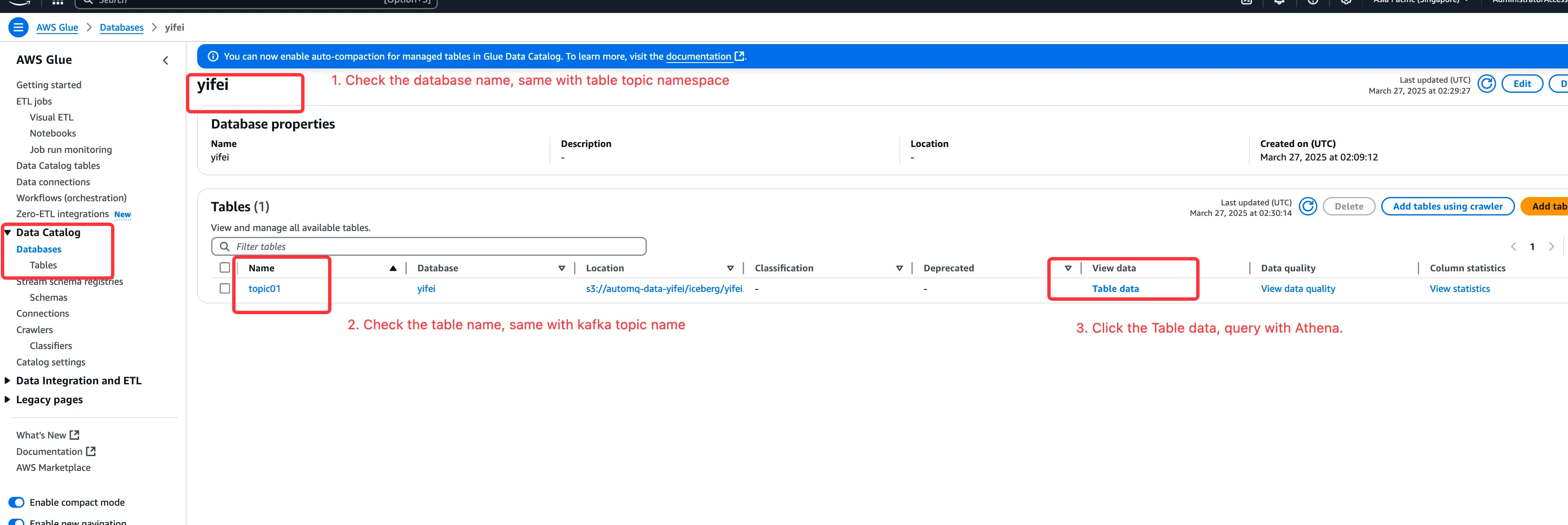 AWS Glue 控制台显示 AutoMQ 写入的 Iceberg 数据库和表