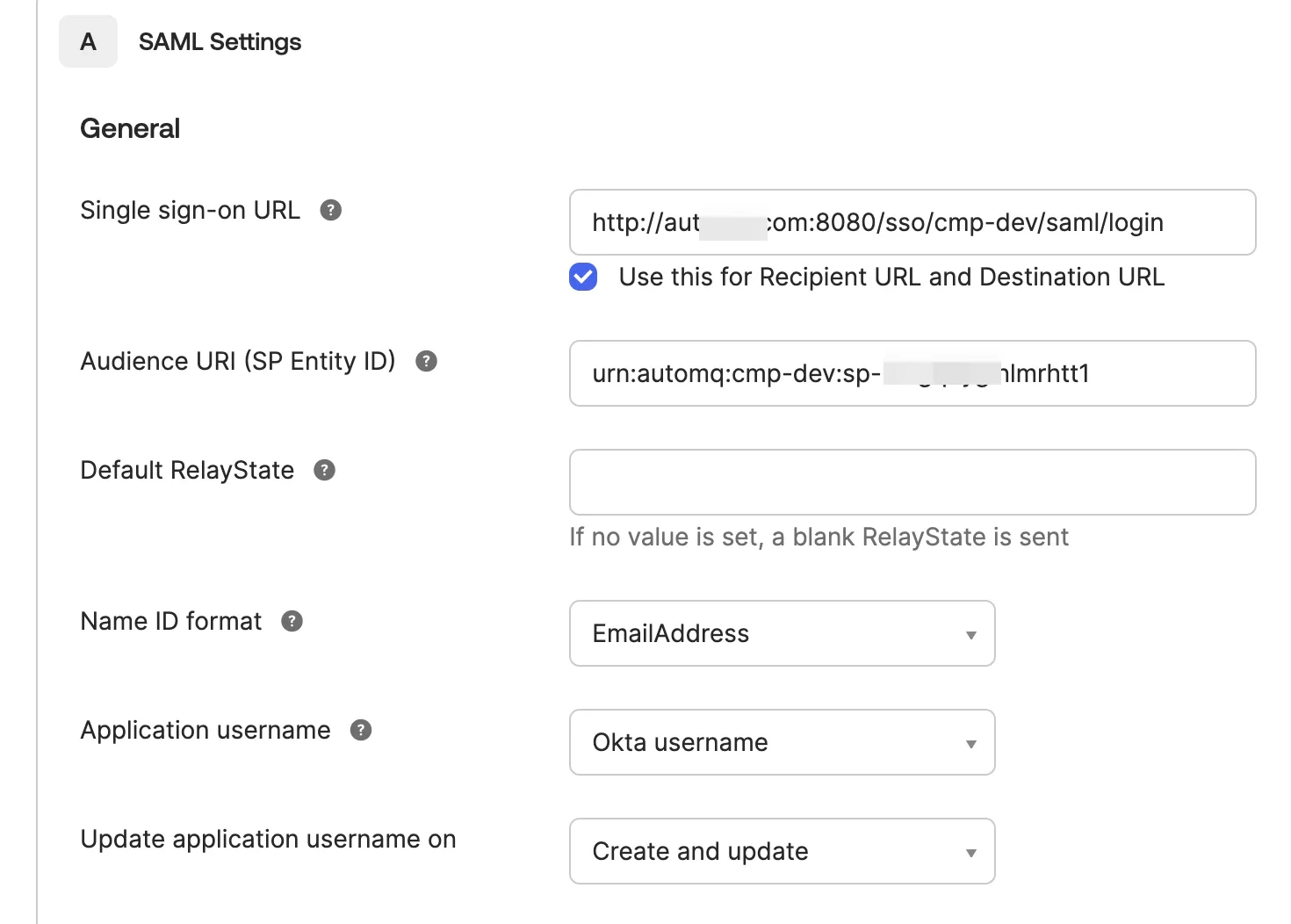 Okta SAML application configuration showing single sign-on URL and Audience URI fields