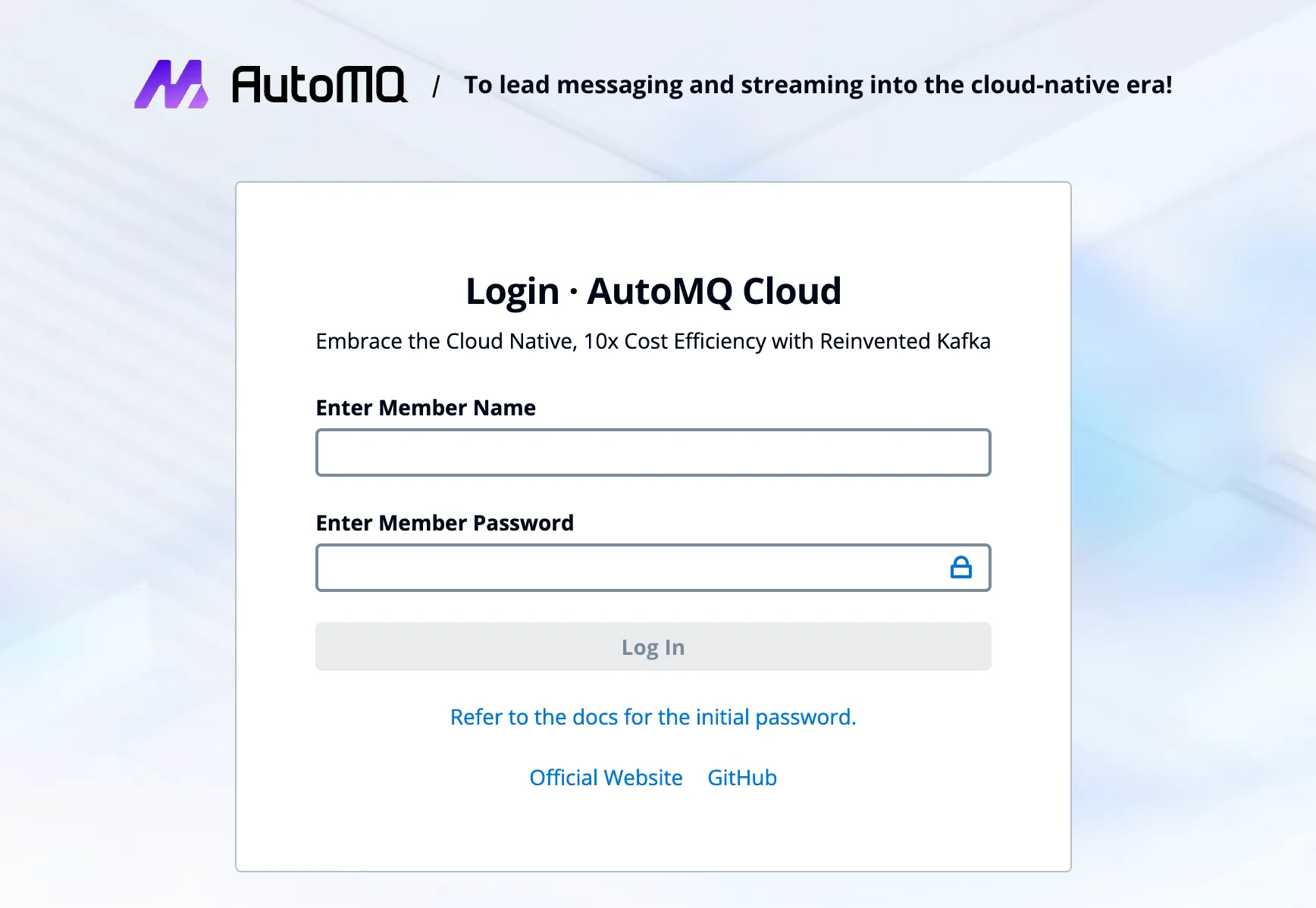 AutoMQ Console login screen with username and password fields