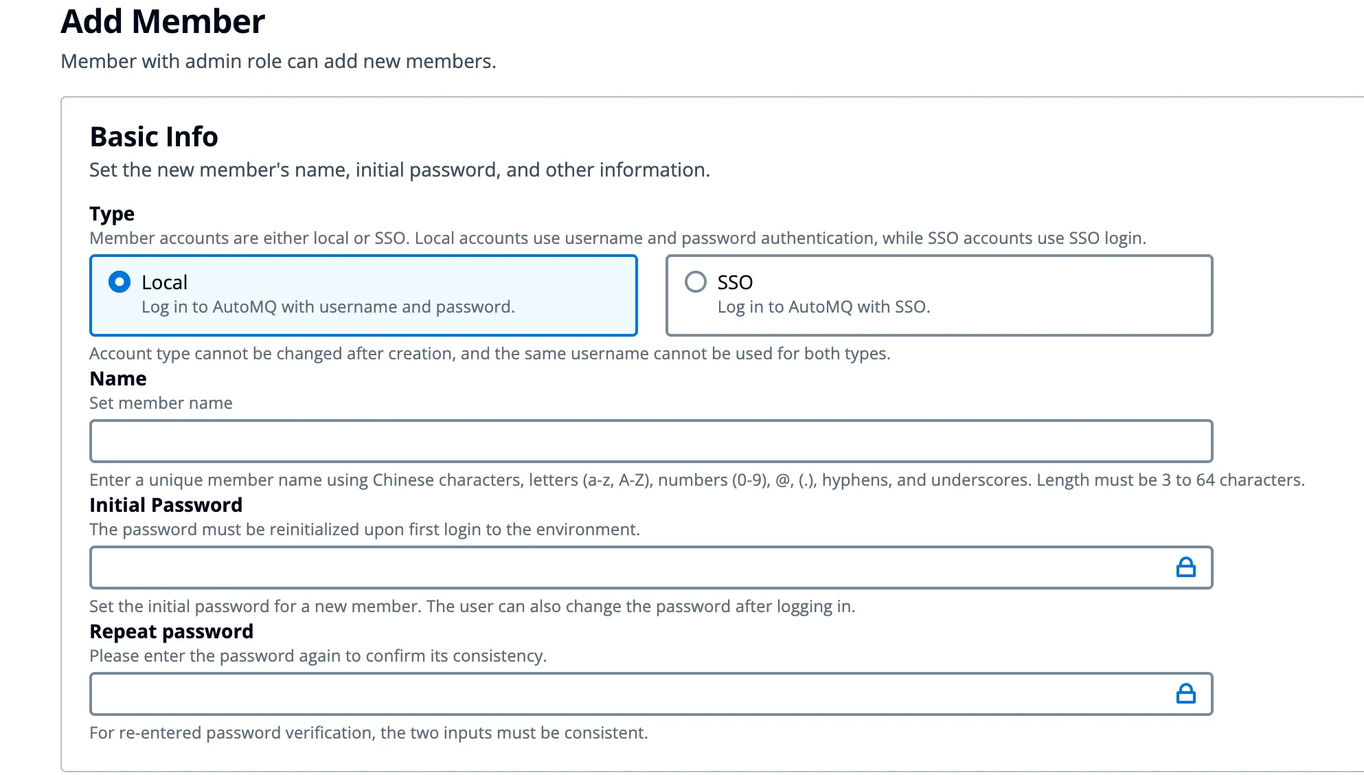 Add Member dialog in AutoMQ Console showing member type, username, and role selection