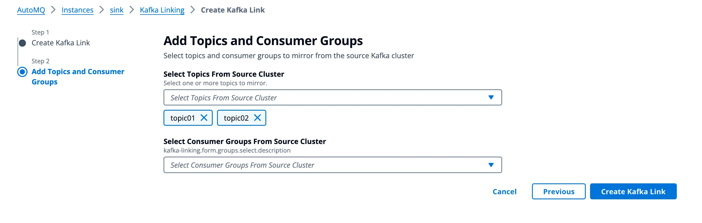 Kafka Link 同步 Topic 和 Consumer Group 选择界面