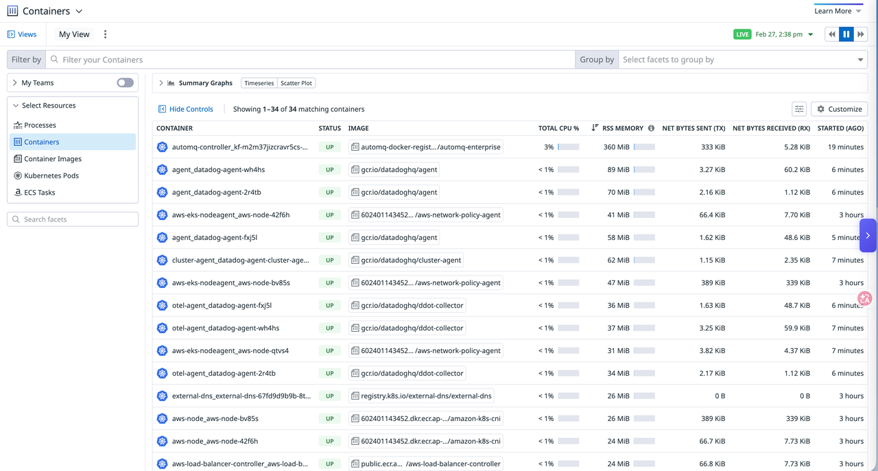 AutoMQ metrics visible in Datadog Metrics Explorer after Kubernetes integration