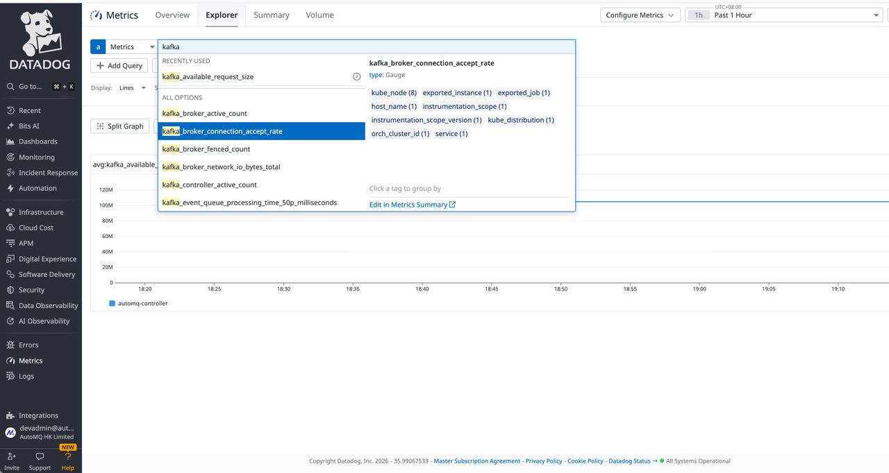 AutoMQ metrics detail view in Datadog Metrics Explorer