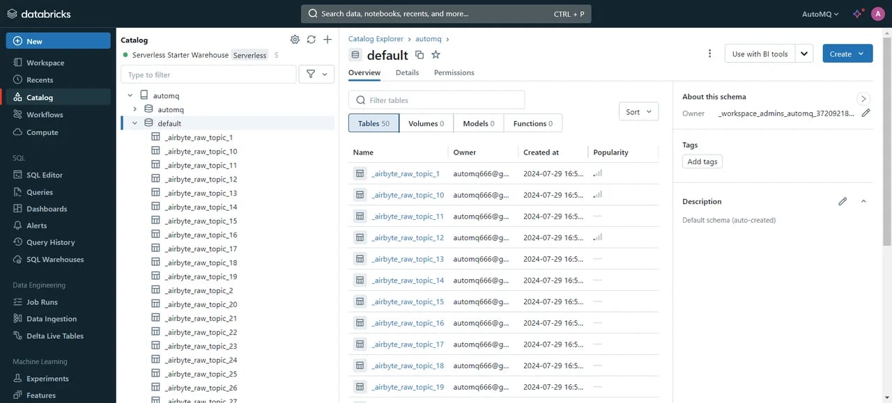 可以看到我们已经成功的将 AutoMQ 节点中选择的 Topics 数据同步到了 Databricks 中,接下来可以通过 SQL 进行数据检索和处理。具体语法可参考官方文档: