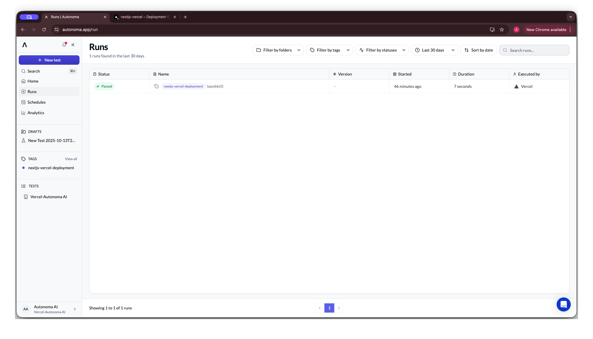 Runs and deployments on Vercel