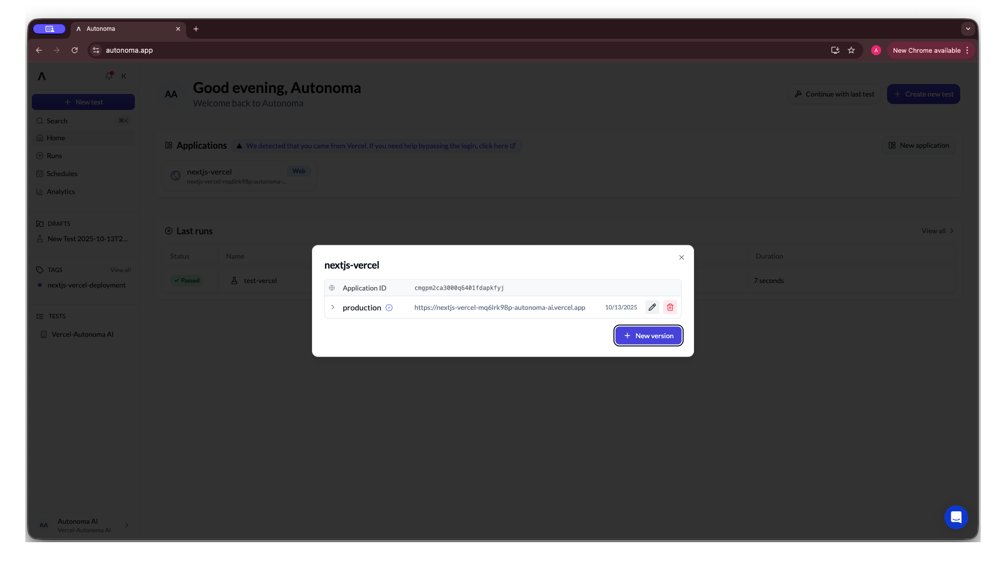 Vercel application structure in Autonoma