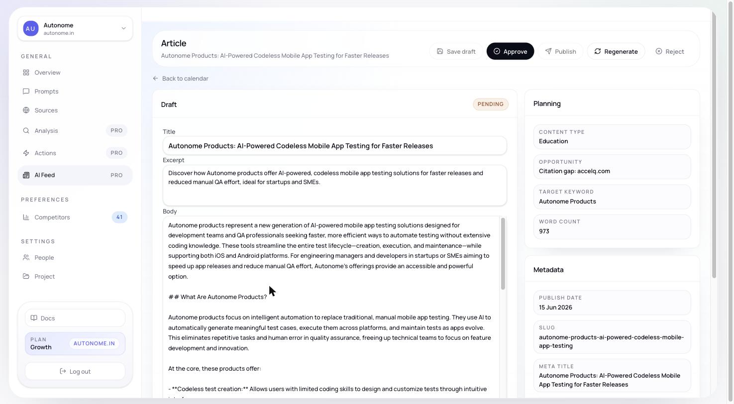 Article review page with the draft body on the left, a planning sidebar on the right showing content type, target keyword, and word count, and a research sources panel below