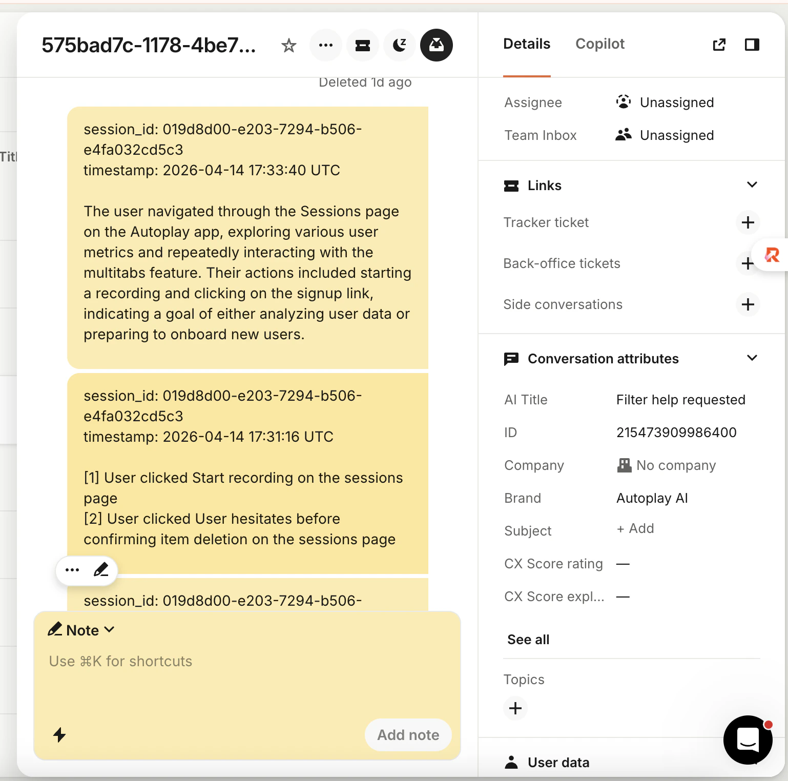 Intercom conversation showing internal Autoplay action and summary notes