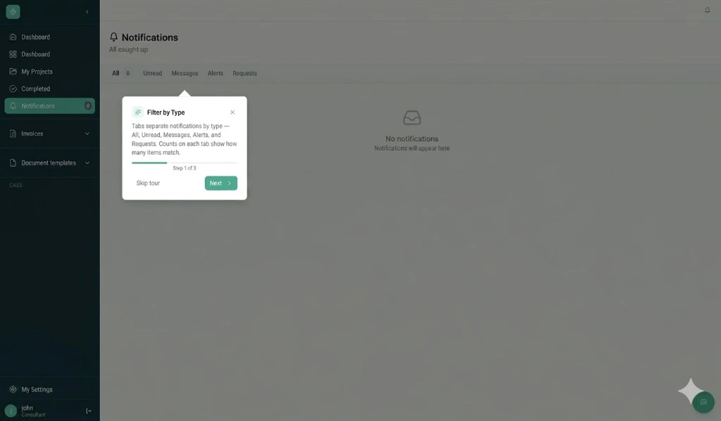 A visual guidance tour fires automatically, walking the user through the steps they need