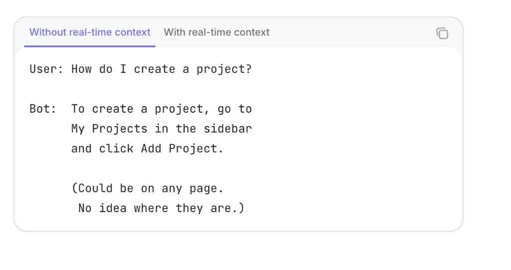 Example chat: generic bot reply when the bot does not know which page the user is on