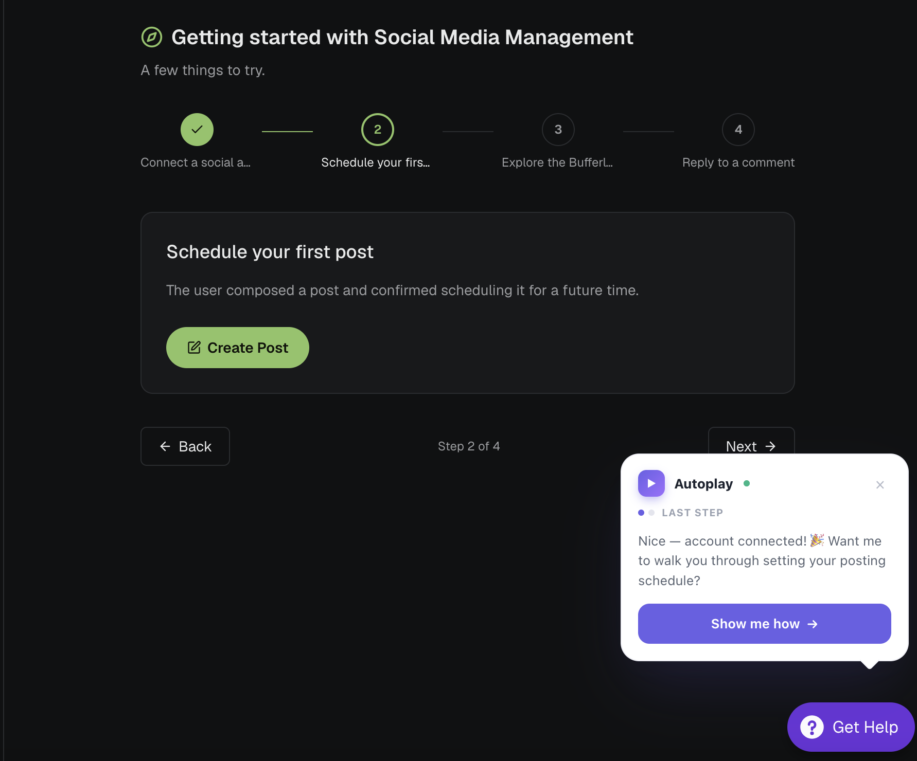 Autoplay nudge card proactively offering to walk the user through setting their posting schedule right after they connect a social account