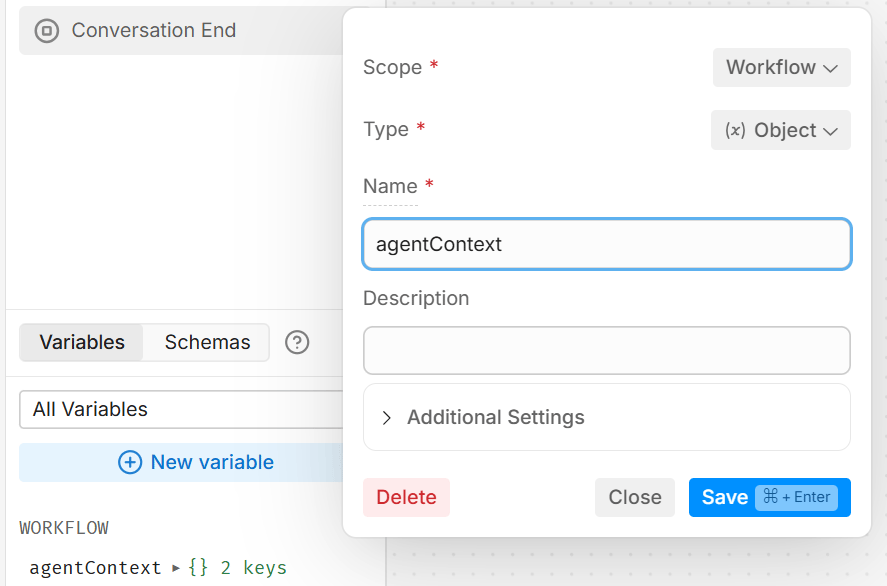Botpress workflow variables panel with agentContext object variable