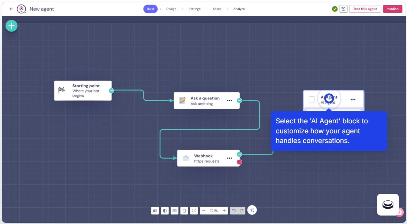 Selecting the AI Agent node in Landbot