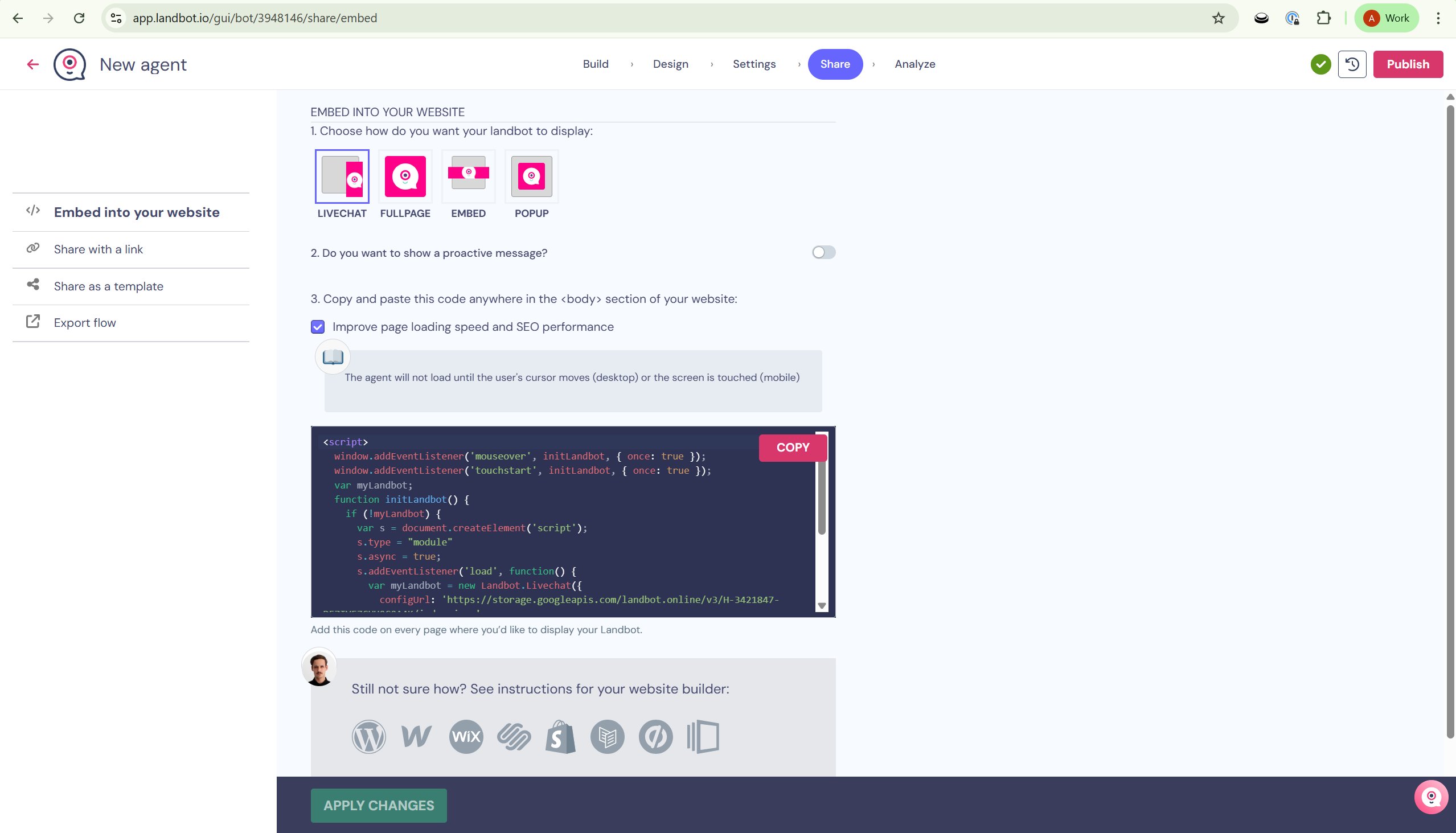 Landbot Share panel showing the HTML embed code copy button