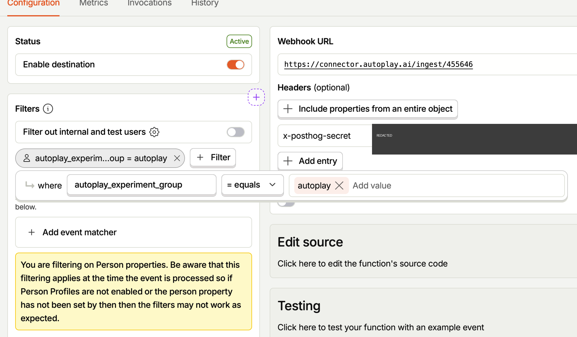 PostHog destination Filters panel: '+ Filter' under Filters, set to where autoplay_experiment_group equals autoplay