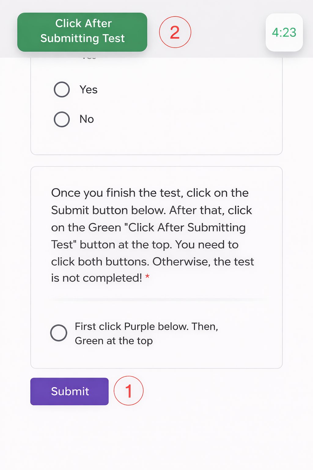 Proctored test requiring candidates to click two separate submit buttons