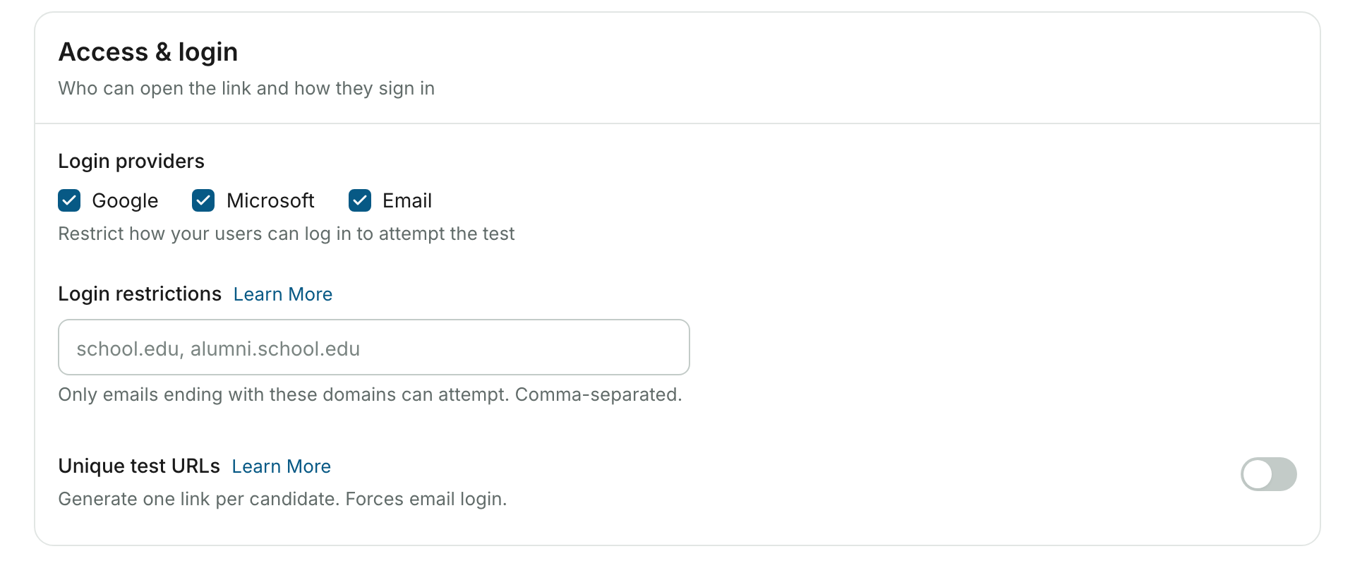 Seção Access & login com Google, Microsoft e Email marcados em Login providers, o campo Login restrictions vazio e o interruptor Unique test URLs desativado