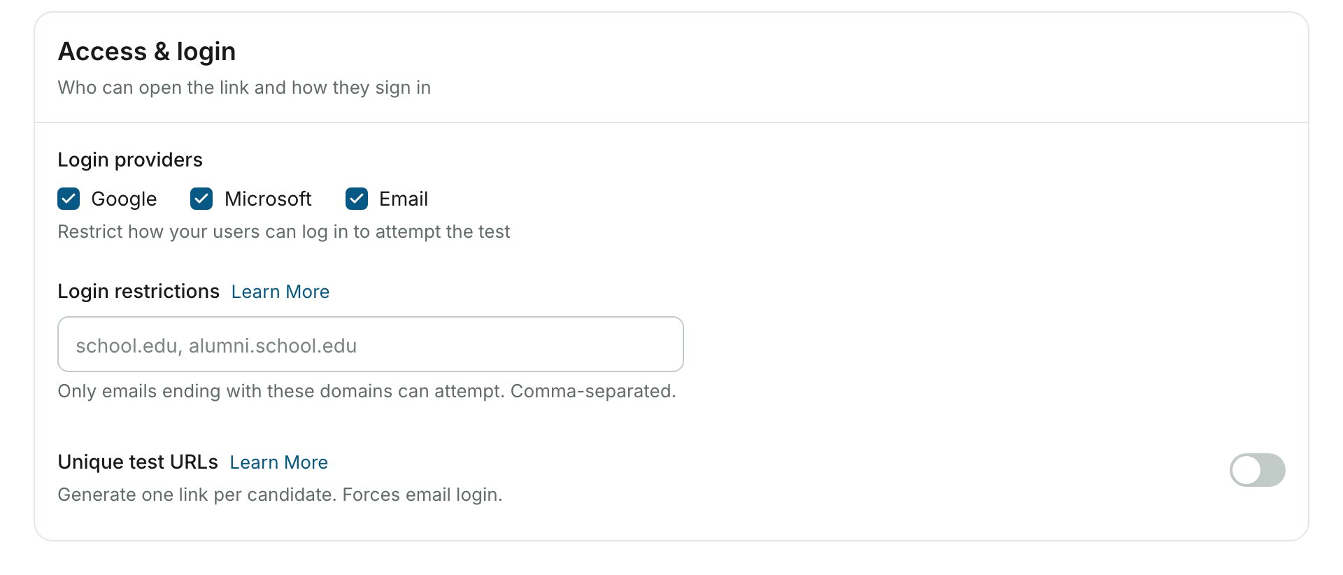 Seção Access & login com Google, Microsoft e Email marcados em Login providers, o campo Login restrictions vazio e o interruptor Unique test URLs desativado