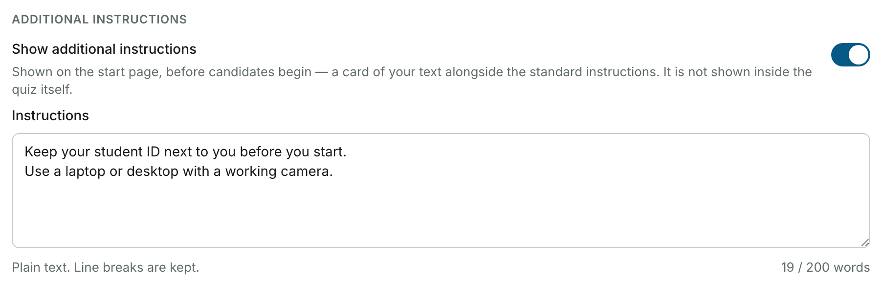 Grupo Additional instructions com Show additional instructions ativado e duas linhas de texto na caixa Instructions. O contador abaixo da caixa indica 19 of 200 words