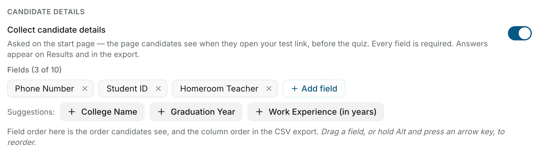 Grupo Candidate details com Collect candidate details ativado, o contador Fields 3 of 10, os campos Phone Number, Student ID e Homeroom Teacher, um botão Add field e uma linha de sugestões
