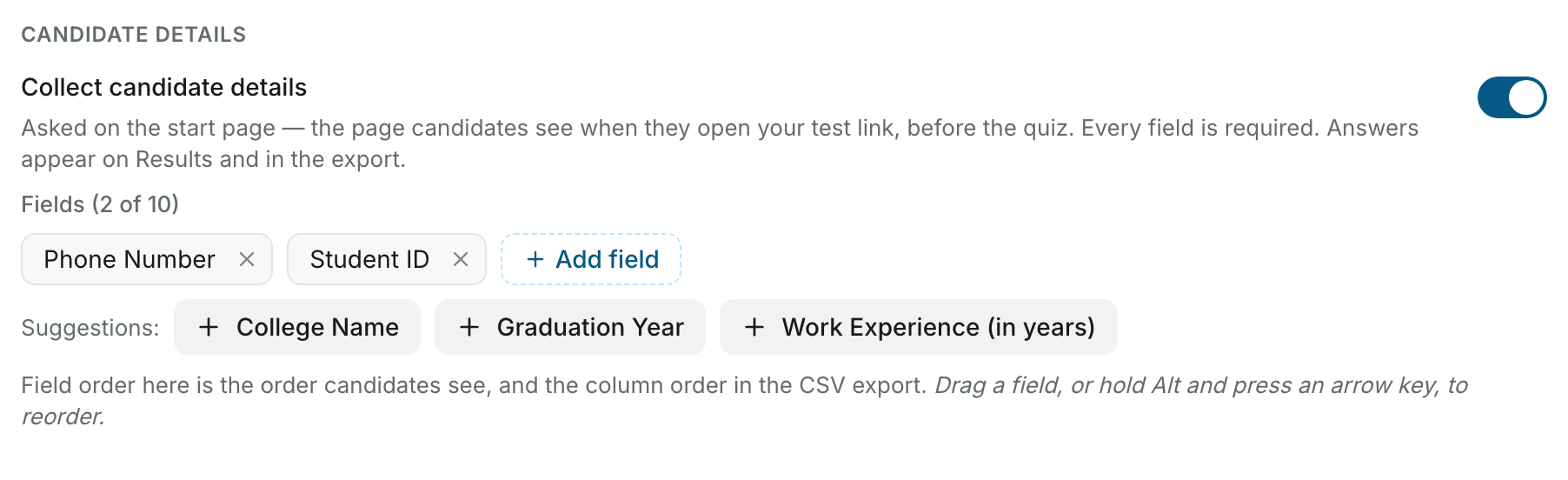 Candidate details group with Collect candidate details on, the fields Phone Number and Student ID, an Add field button, and a Suggestions row offering College Name, Graduation Year and Work Experience in years