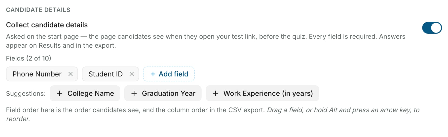 Candidate details group with Collect candidate details on, the fields Phone Number and Student ID, an Add field button, and a Suggestions row offering College Name, Graduation Year and Work Experience in years