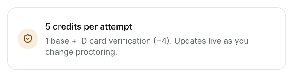 Card reading 5 credits per attempt, with the line 1 base plus ID card verification, plus 4. Updates live as you change proctoring