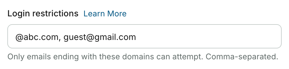 Campo Login restrictions con @abc.com, guest@gmail.com