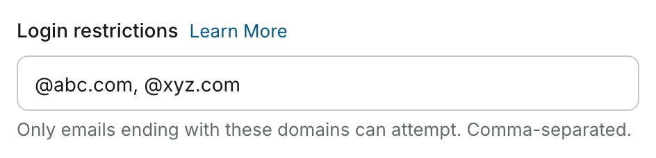 Campo Login restrictions con @abc.com, @xyz.com