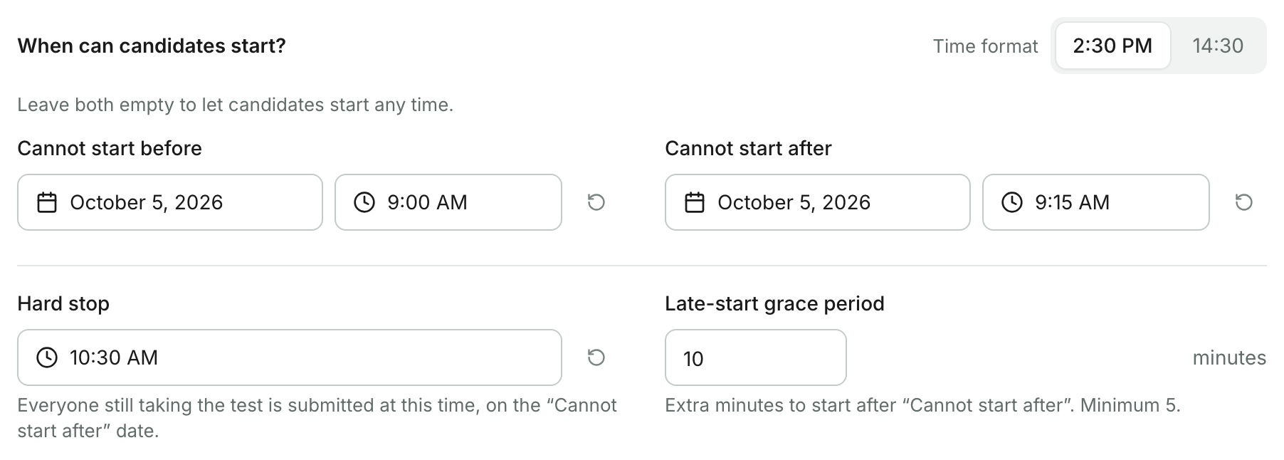 Cannot start before e Cannot start after definidos para a mesma data, com Hard stop às 10:30 AM e Late-start grace period de 10 minutos abaixo