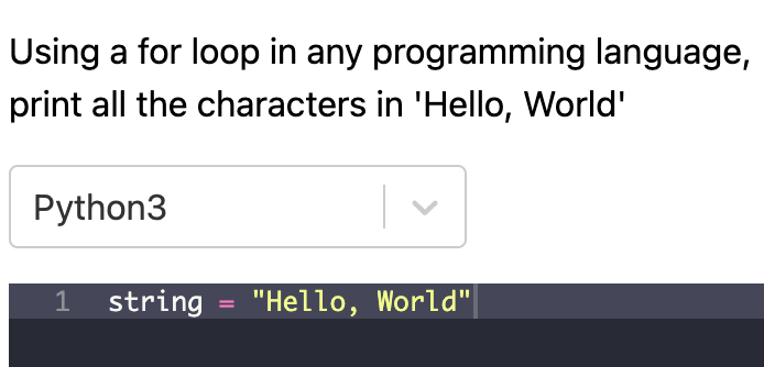 Coding editor question type showing a code editor with syntax highlighting