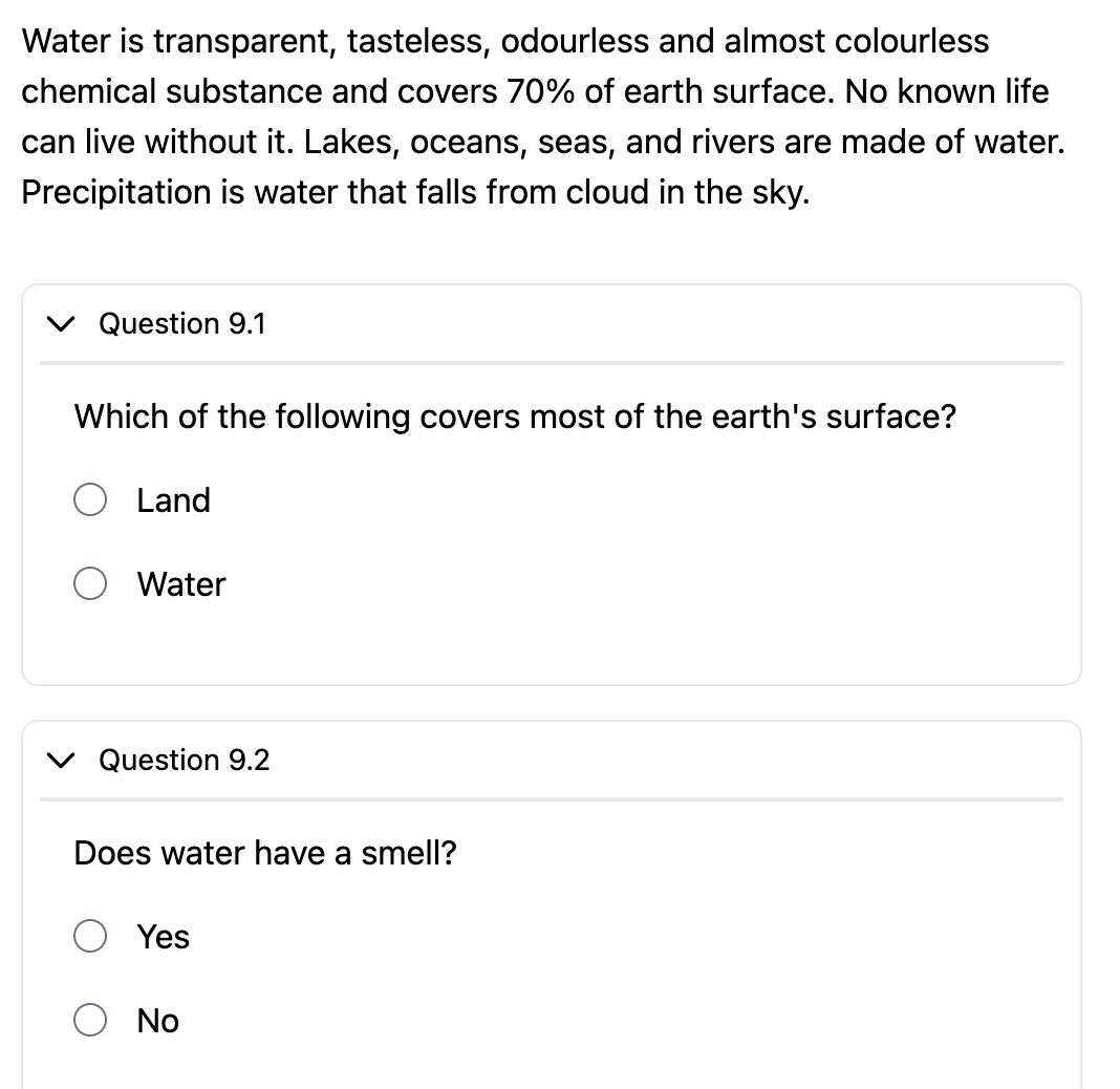 Comprehension question type showing a text passage with nested sub-questions