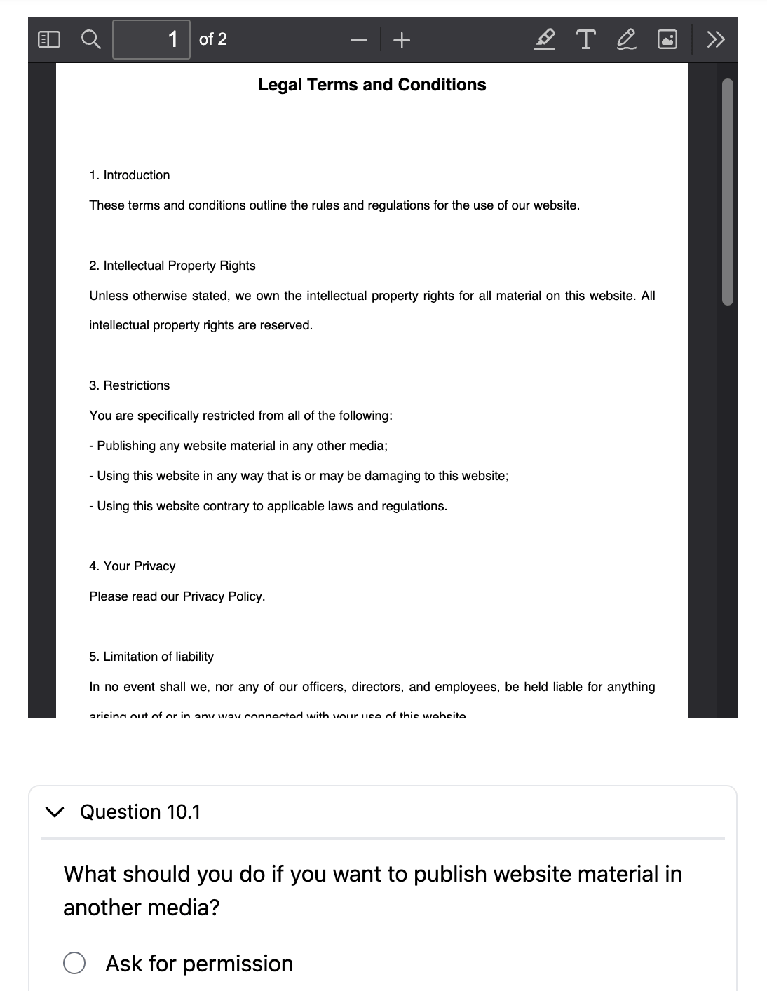 Document question type showing a PDF viewer with associated questions
