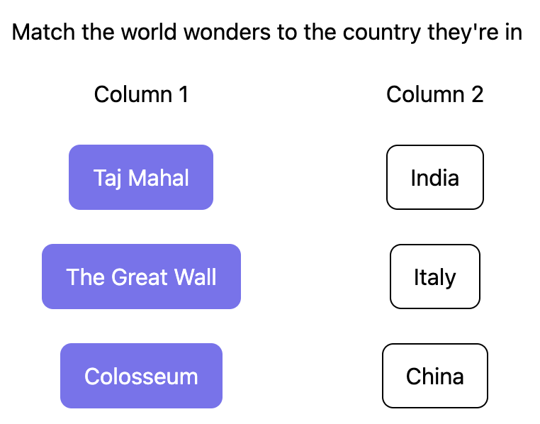 Match question type showing two columns with drag-and-drop matching