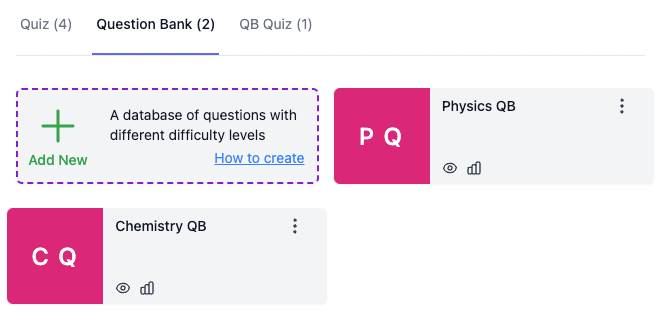 Question Bank overview showing a list of questions organized by topic and difficulty