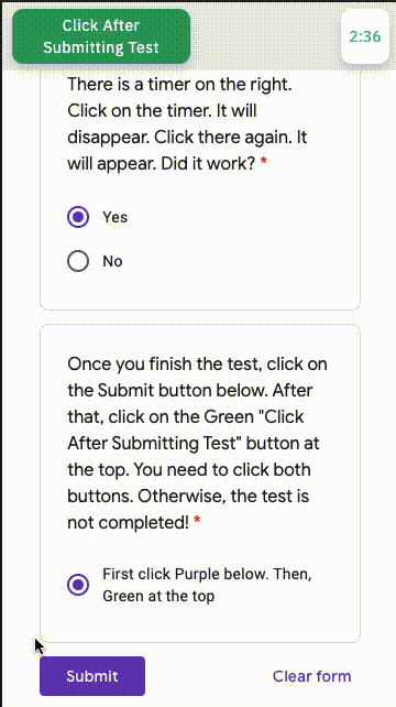 Submit button sequence for timed tests showing purple first then green