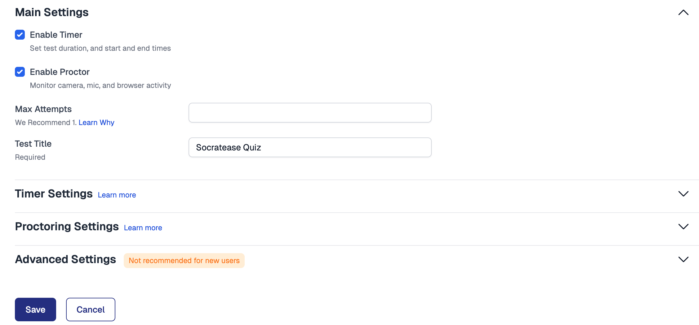 Test settings page with key sections