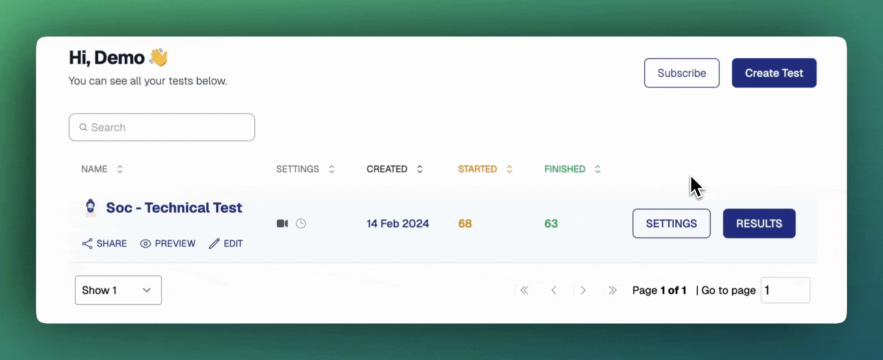 Copying the test link from the dashboard
