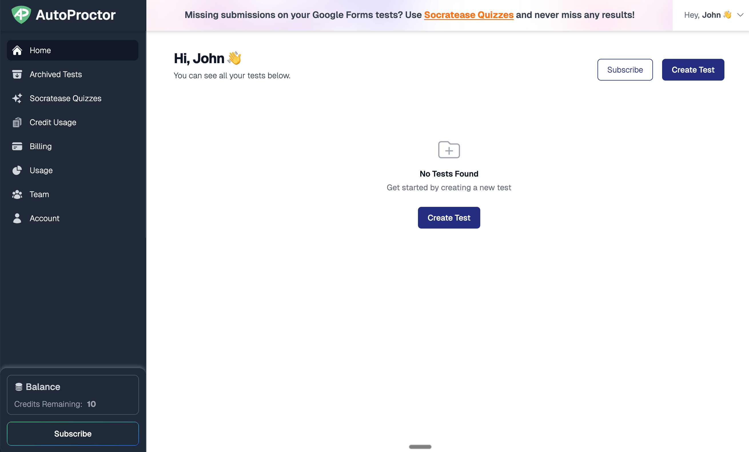 AutoProctor dashboard for a new user