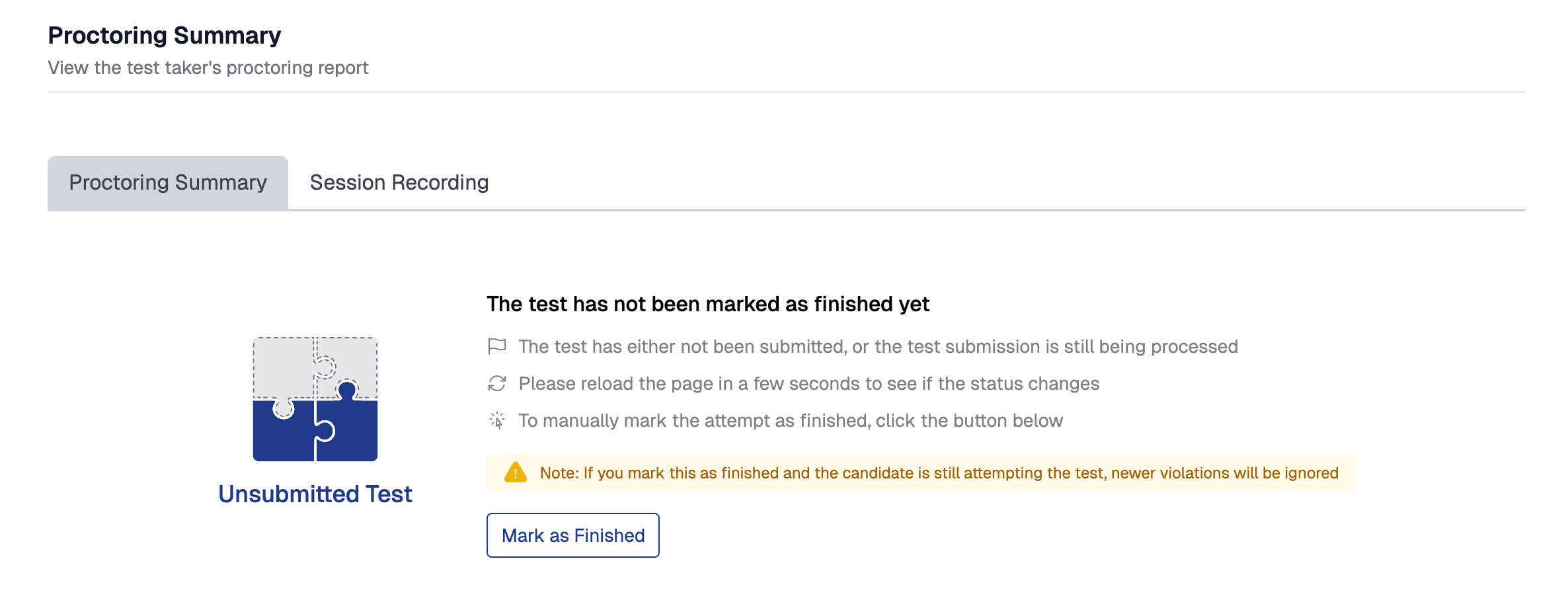 Informe de supervisión mostrando que el examen aún no ha sido marcado como finalizado con un botón Mark as Finished