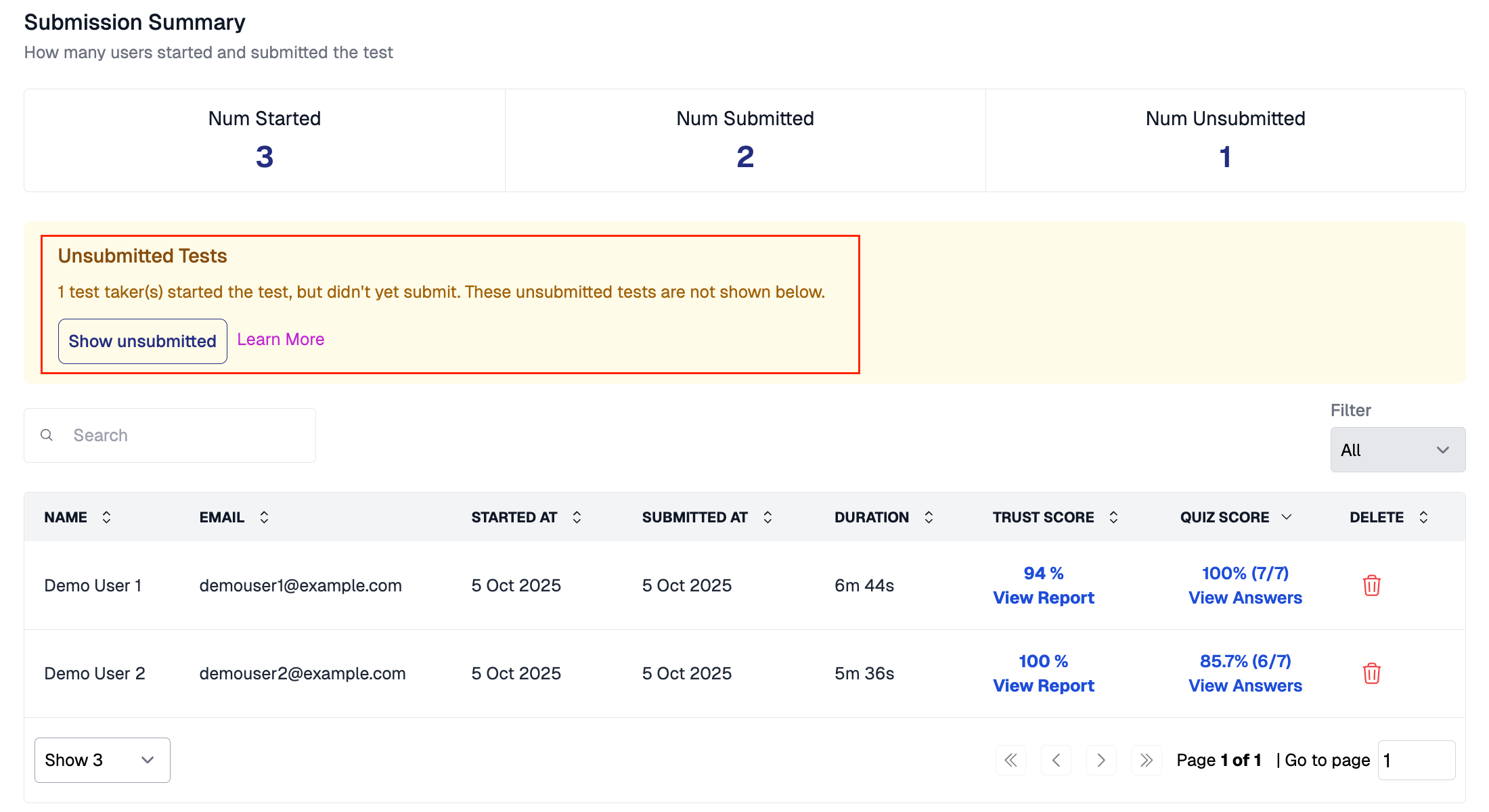 Página de resultados mostrando solo exámenes enviados con botón Show unsubmitted